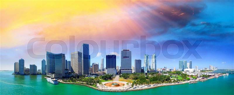 Stunning sunset over Downtown Miami. View from the air, stock photo