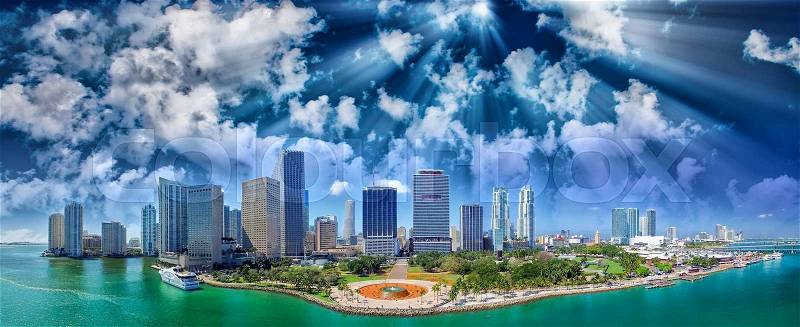 Beautiful sunset over Downtown Miami, aerial view, stock photo