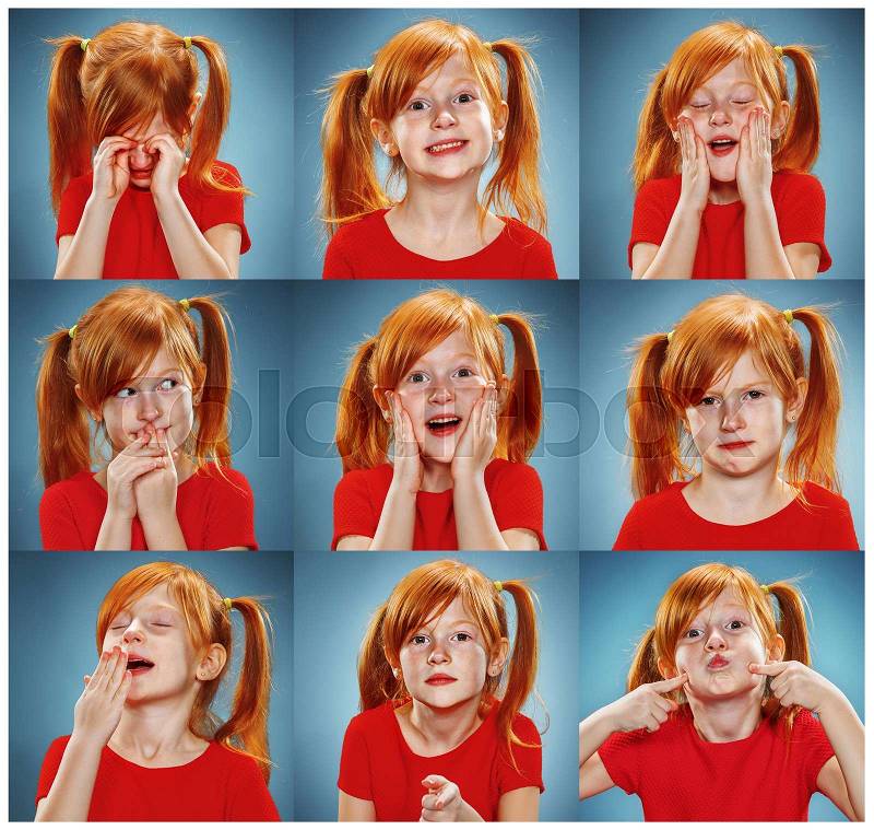 The collage of little girl with different emotions on blue background, stock photo