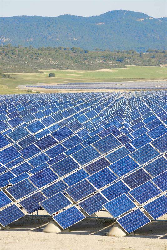Photovoltaic panels for renewable electric production, Zaragoza province, Aragon, Spain, stock photo