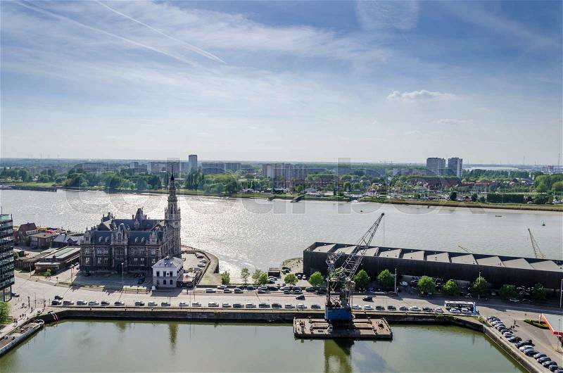 Aerial view over the city of Antwerp in Belgium from Museum aan de Stroom, stock photo