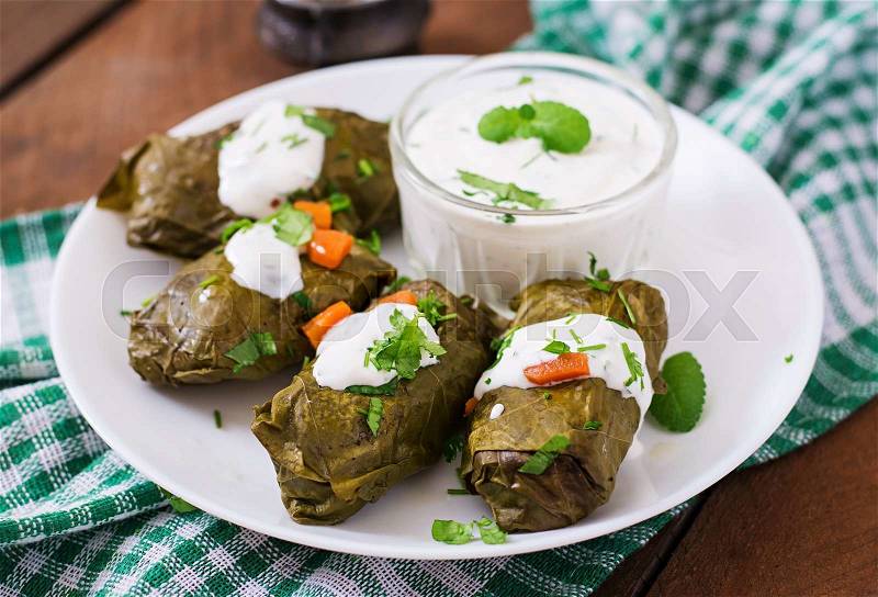 Dolma stuffed with rice and meat - greek traditional appetizer, stock photo