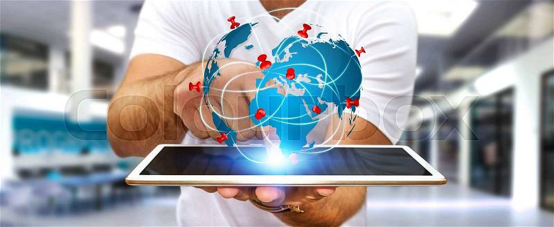 Businessman with digital world map and pins floating over his tablet, stock photo