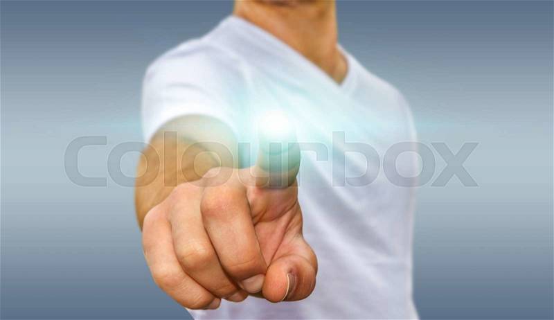 Business man in white tshirt pointing his finger, stock photo