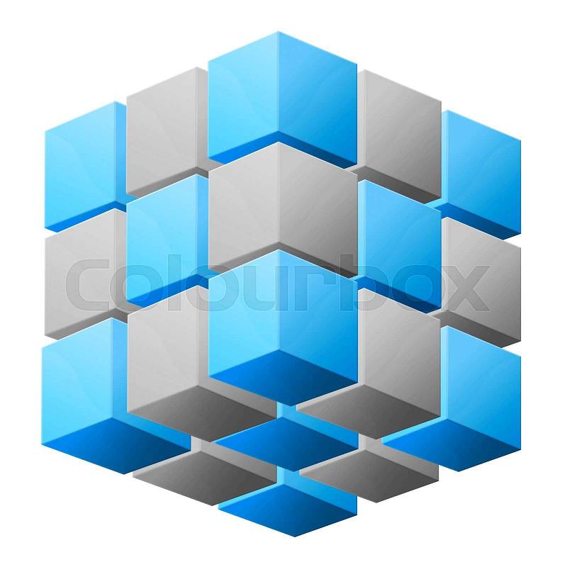 Illustration of assembling abstract cube from blocks, stock photo