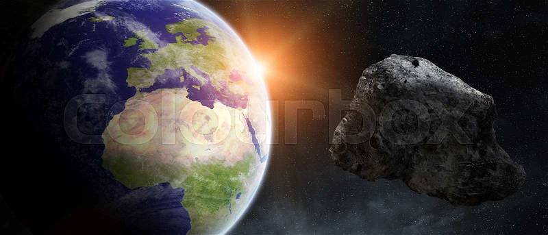 Asteroids flying close to the planet Earth, stock photo
