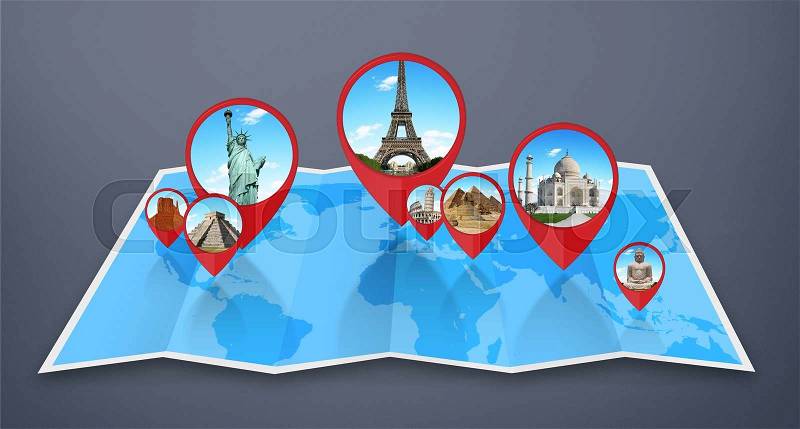 Famous monuments of the world grouped together on a map with pin icon, stock photo