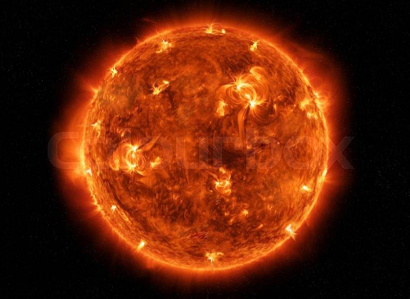 Close up view of a burning sun in space, stock photo