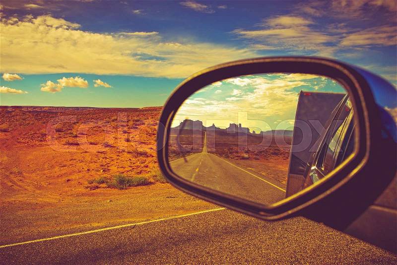 Travel Trailer Road Trip in Arizona. Looking Back and Saying Good Bye to the Famous Monuments Valley, stock photo