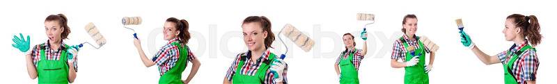 Woman painter with paintbrush on white, stock photo