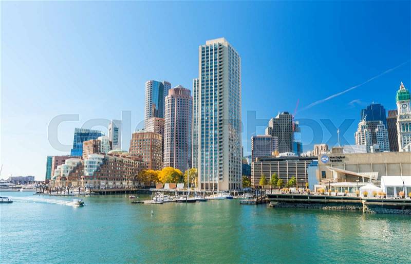 BOSTON - SEPTEMBER 23, 2015: Panoramic city skyline. Boston attracts 1.5 million overseas visitors annually, stock photo