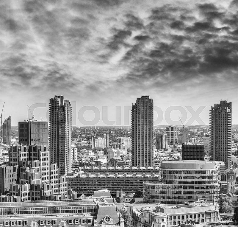 Black and white view of London City. Financial district, stock photo