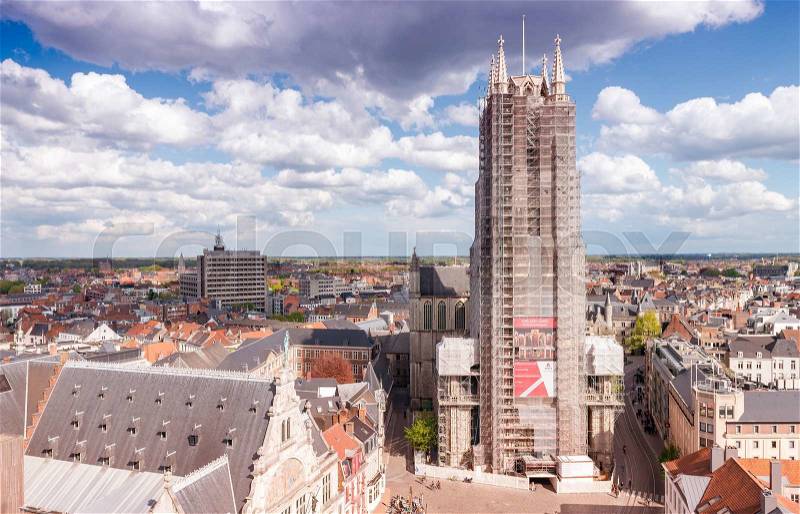 GAND, BELGIUM: Aerial panoramic city view. The city is a preferred destination for tourists in Belgium, stock photo