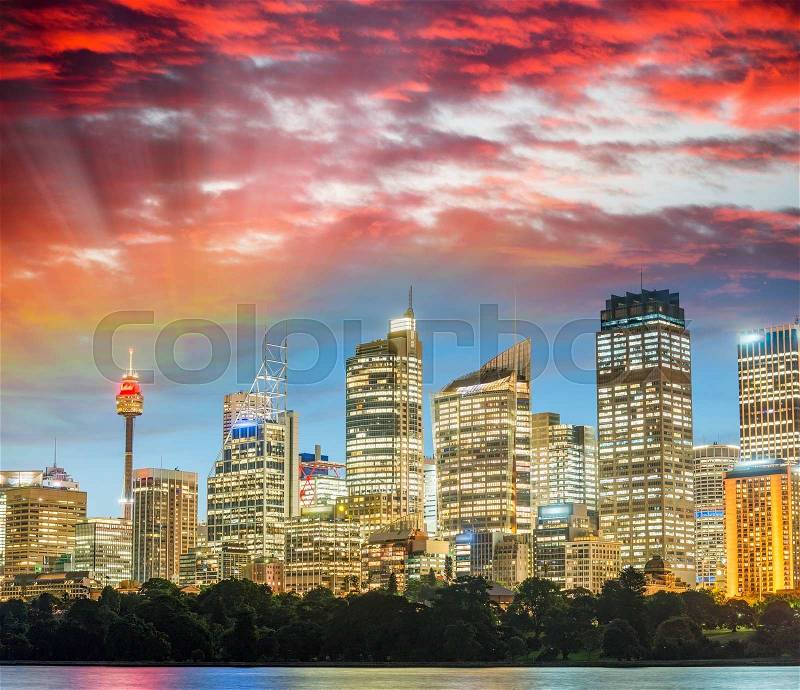 Stunning sunset view of Sydney skyline, Australia, stock photo