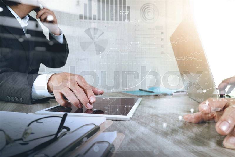 Businessman making presentation with his colleagues and business strategy digital layer effect at the office as concept , stock photo