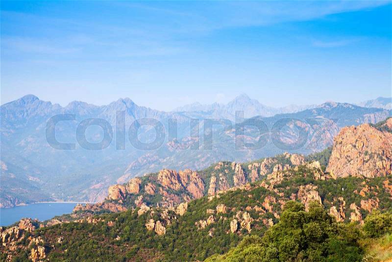 Coastal mountain landscape of Piana region, South Corsica, France, stock photo
