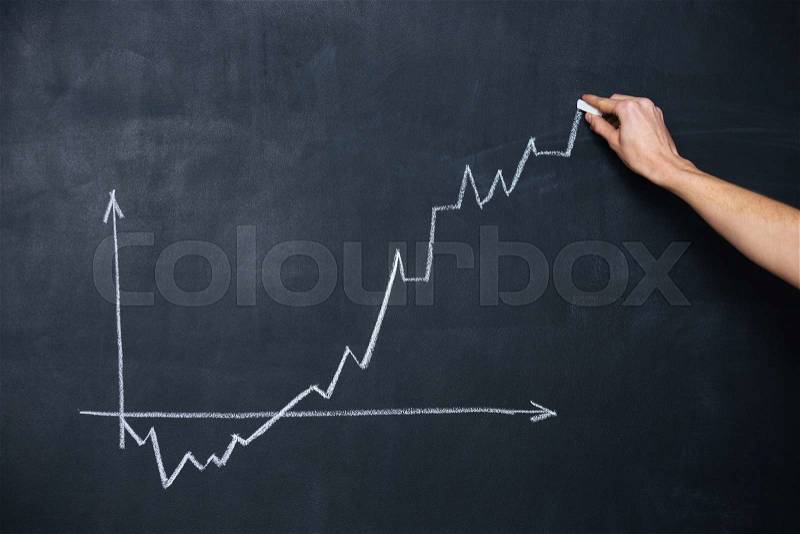 Decreasing and increasing graph drawn by hand on chalkboard background, stock photo