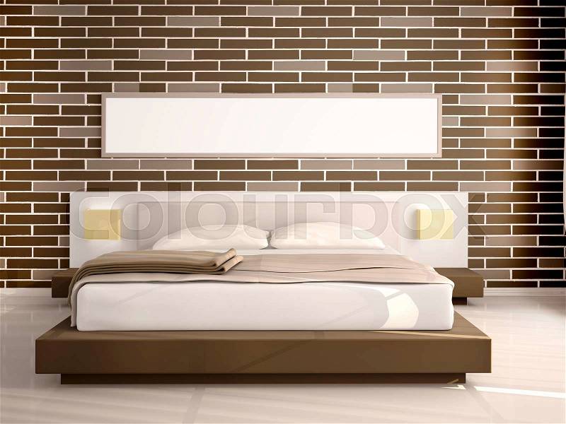 3d illustration of Interior of modern bedroom in a loft style with a brick wall and frame, stock photo