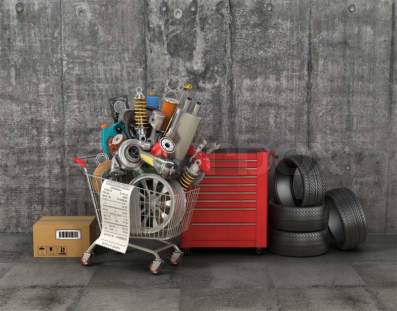 Auto parts with shopping trolley in garage. Automotive basket shop. Auto parts store, stock photo