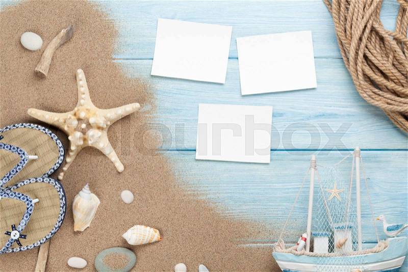 Travel and vacation photo frames and items. Top view, stock photo