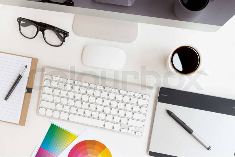Designer workspace on top view, stock photo