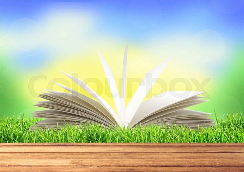 White book in green grass over bright nature background, stock photo