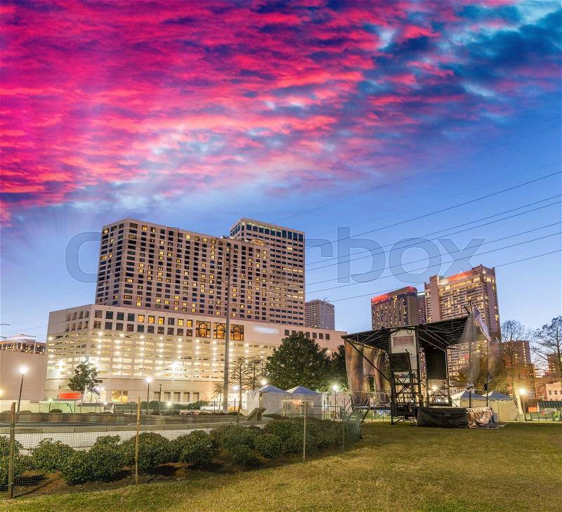 New Orleans skyline at sunset, USA, stock photo