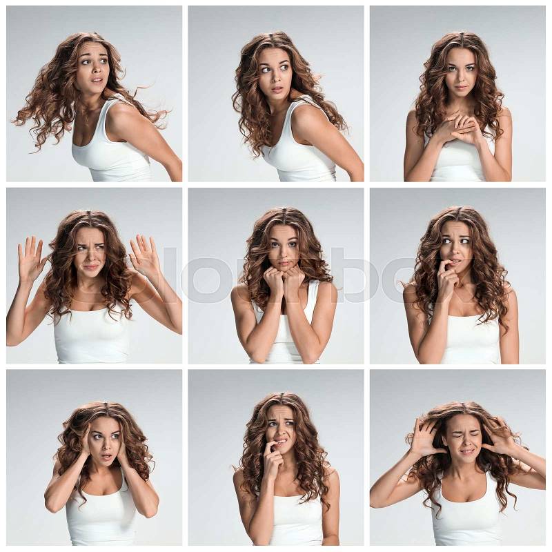 The collage from portraites of disgusted and disaffected woman on gray, stock photo