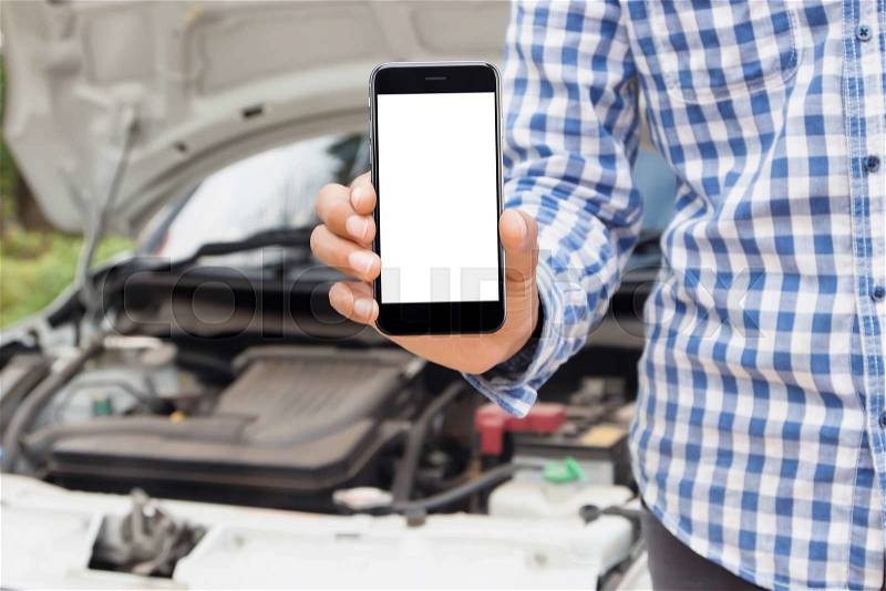 Man showing phone blank screen call emergency service concept, stock photo