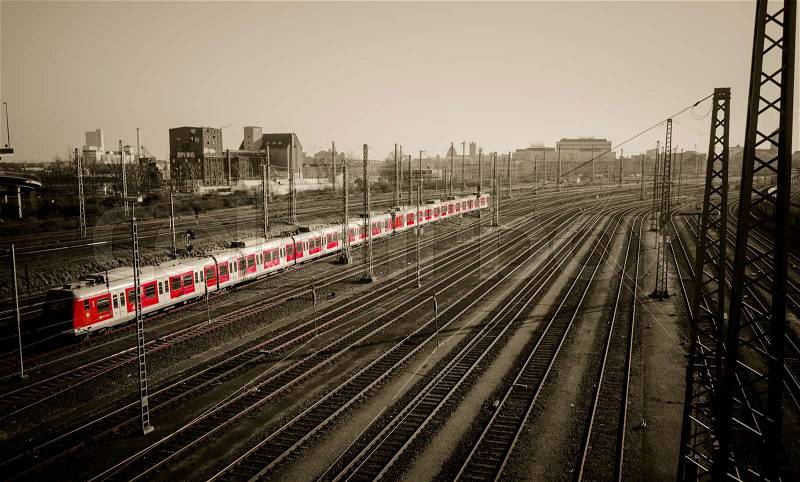 Red train with black and white background, stock photo