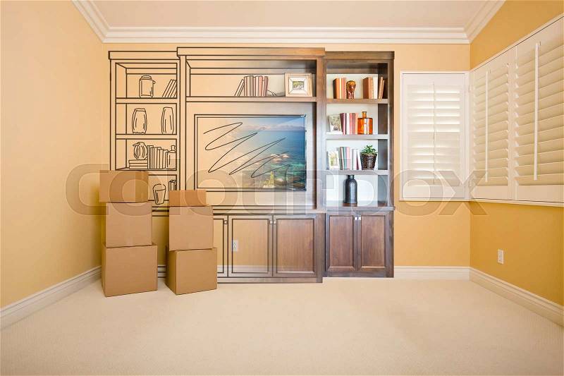 Moving Boxes In Room with Entertainment Unit Drawing Gradating to Photograph, stock photo