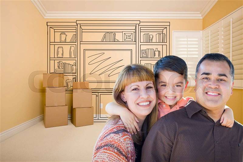 Happy Young Mixed Race Family In Room With Moving Boxes and Drawing of Entertainment Unit on Wall, stock photo