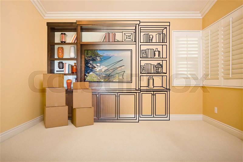 Moving Boxes In Room with Entertainment Unit Drawing Gradating to Photograph, stock photo