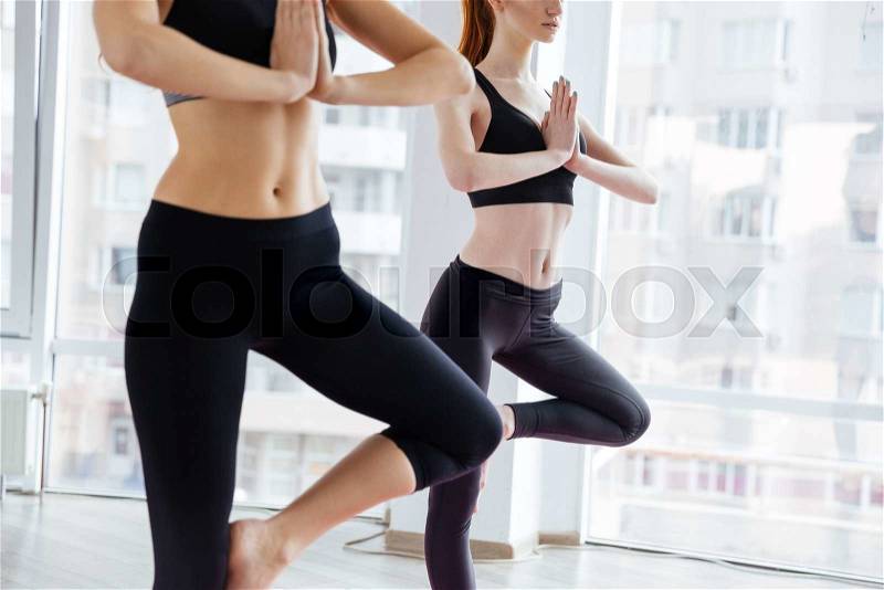 Closeup of two concentrated young women standing and doing balancing pose in yoga studio, stock photo