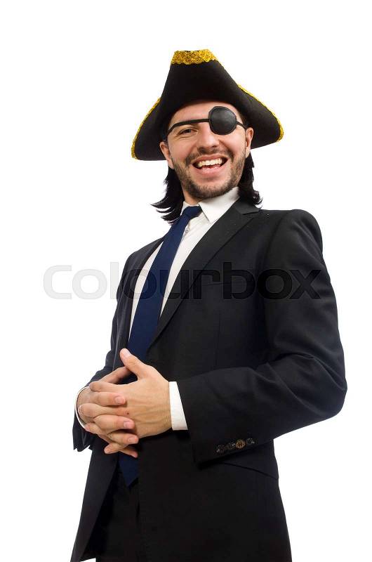 Pirate businessman wearing tricorn isolated on white, stock photo