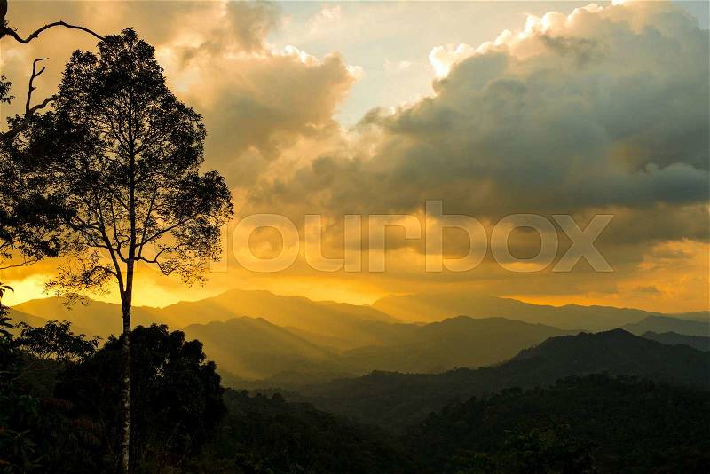 Sun rise with ray on mountain, Thailand, stock photo