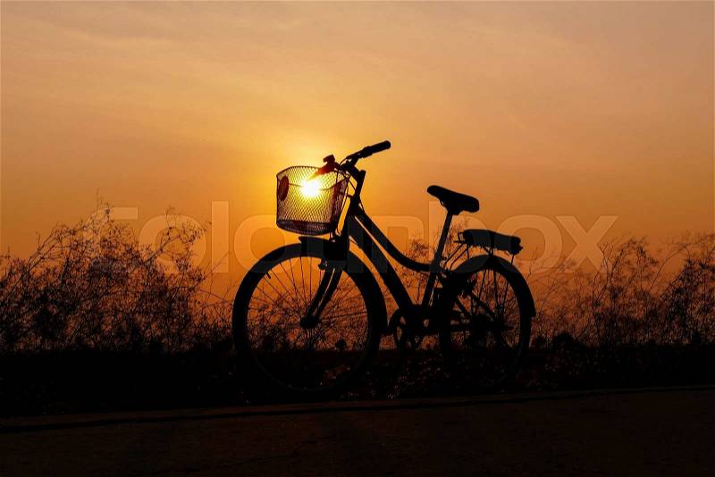 Bicycle on meadow at sunset, stock photo