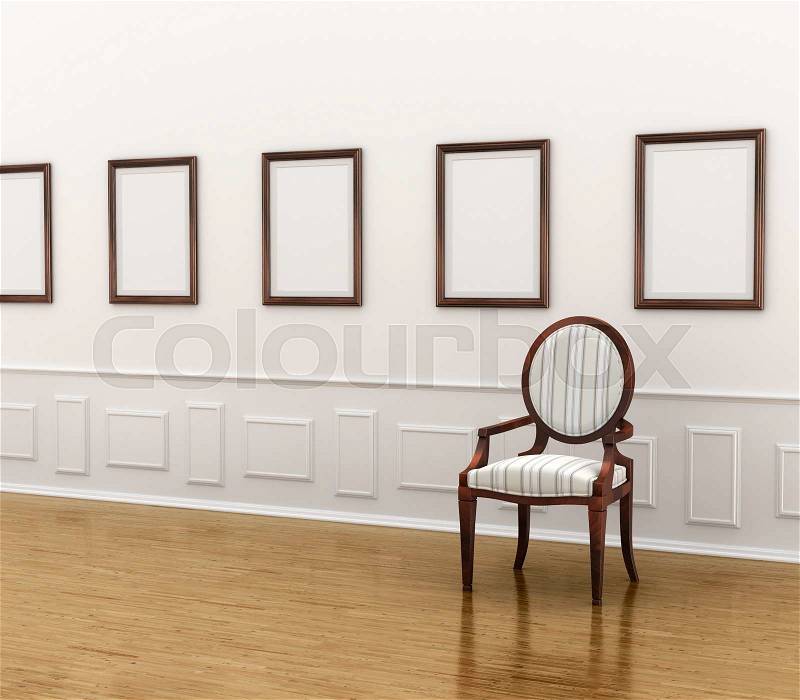 Gallery. A chair in the gallery near panelnoi wall with empty frames, stock photo