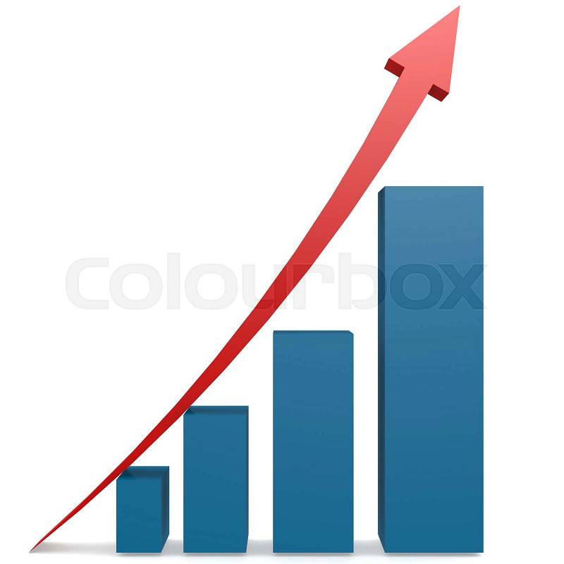 Red arrow and blue bar chart image with hi-res rendered artwork that could be used for any graphic design, stock photo