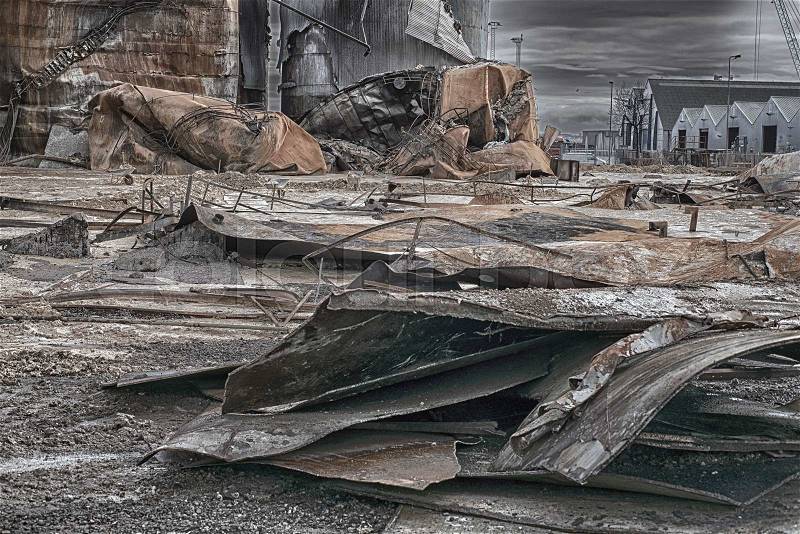 Part of Fredericia harbor after a fire in a tank with palm oil - 3rd - 4rd February 2016 Fredericia harbor, Denmark, stock photo