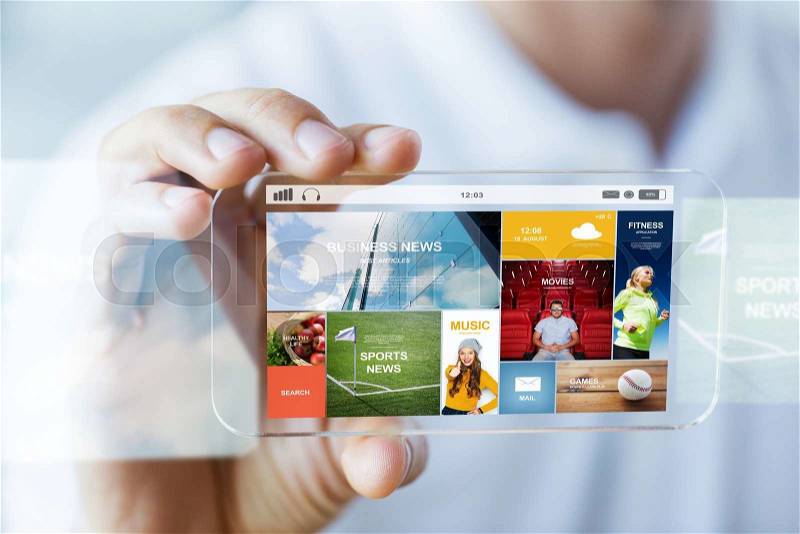 Business, technology and people concept - close up of male hand holding and showing transparent smartphone news web page on screen, stock photo