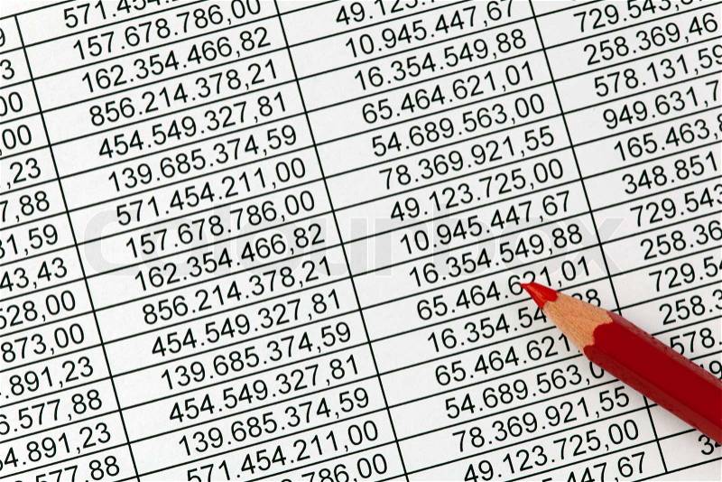 Sales and earnings figures on a balance sheet. Red pencil, stock photo