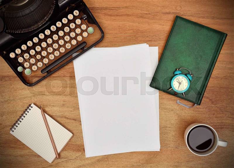 Blank sheet of paper on the desk writer, View from above, stock photo