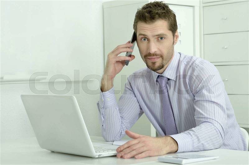 Handsome businessman working with laptop and talking on phone in office, stock photo
