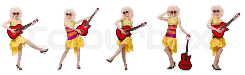 Young singer with afro cut and guitar, stock photo