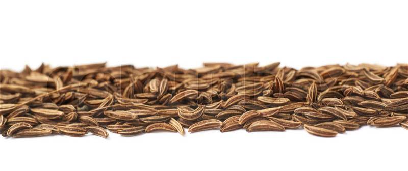 Line of cumin seeds isolated over the white background, stock photo