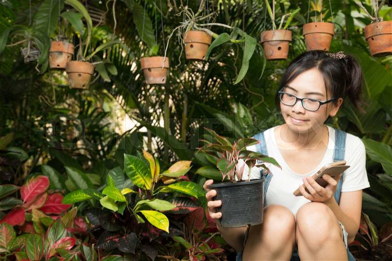 Woman using smart phones in the house and garden plants in the garden under the order the phone happily, stock photo