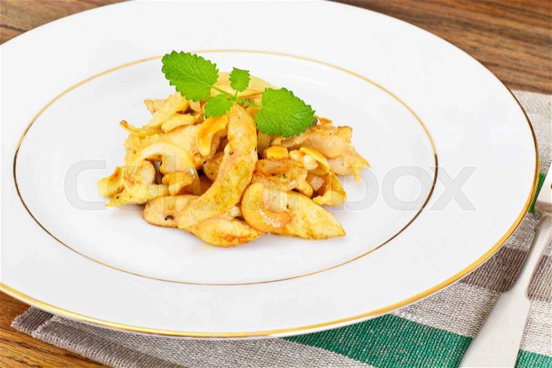 Chicken with Cashew Nuts and Soy Sauce. Asian Cuisine Studio Photo, stock photo