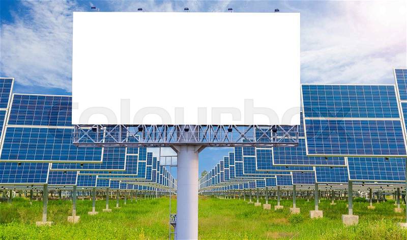 Blank billboard for advertisement with solar power plant, stock photo
