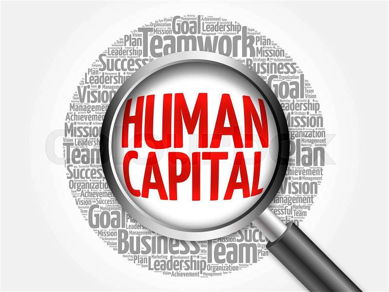Human capital word cloud with magnifying glass, business concept, stock photo